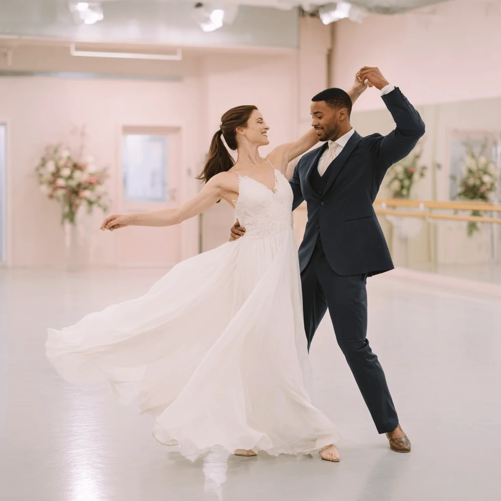 Wedding dance lessons Bournemouth — couple practising their first dance in a studio